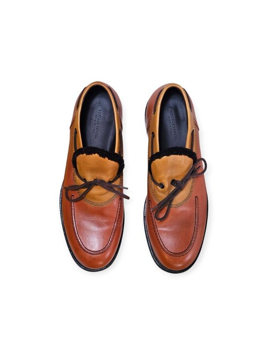 Bottega Veneta Men\'s 44 US 11 Leather Slip On Loafers Shearling Trim Tan Brown main image 6